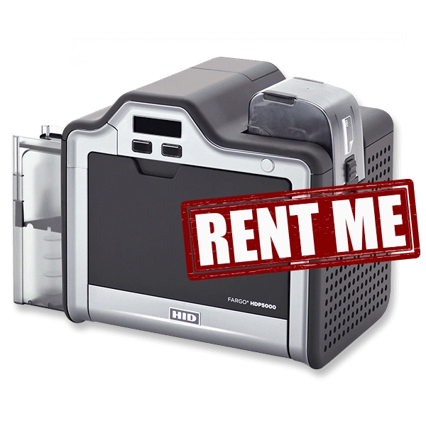 RENT ME over the HID FargoHDP5000 printer unit, advertising K&A Industries ID card printer rentals as a part of comprehensive printer service contracts.