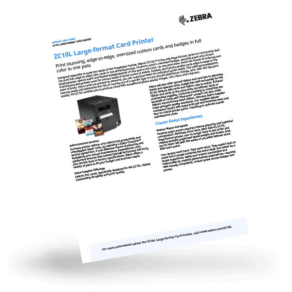 Tilted thumbnail for the Zebra ZC10L Oversized Credential Printer spec sheet.