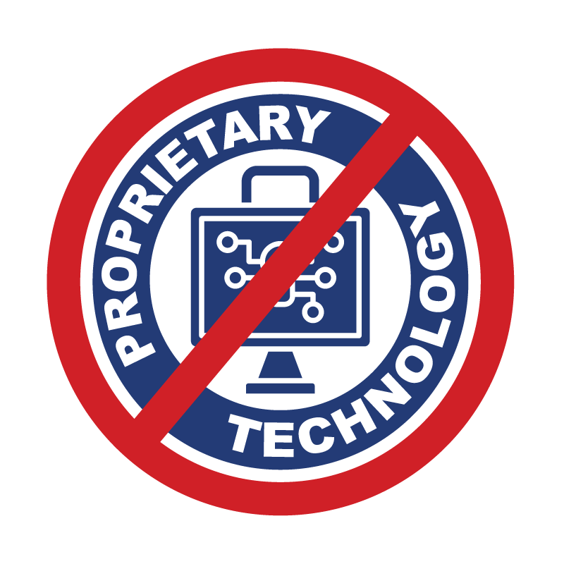 No Proprietary Technology icon with red slash through it