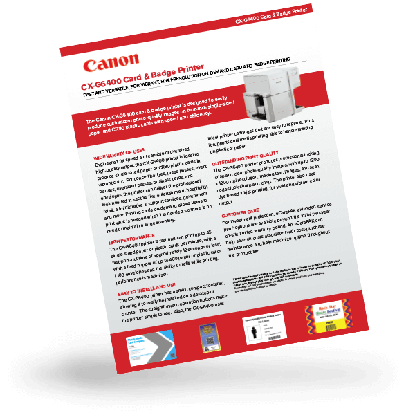 Tilted thumbnail for the Canon CX-G6400 Oversized Credential Printer spec sheet.