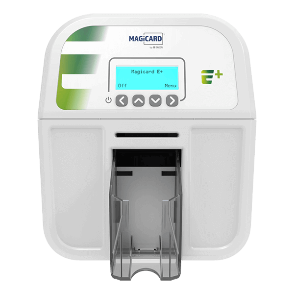 Front-facing view of a MAGiCARD oversized credential printer showing the light-up interactive display.