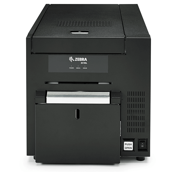 Front-facing view of a Zebra oversized credential printer. The drawer is slightly opened, showing the loading hopper.