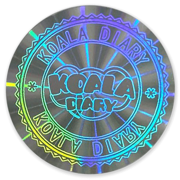 Hologram sticker that says "Koala Diary" as a visual security feature for event badge credentials