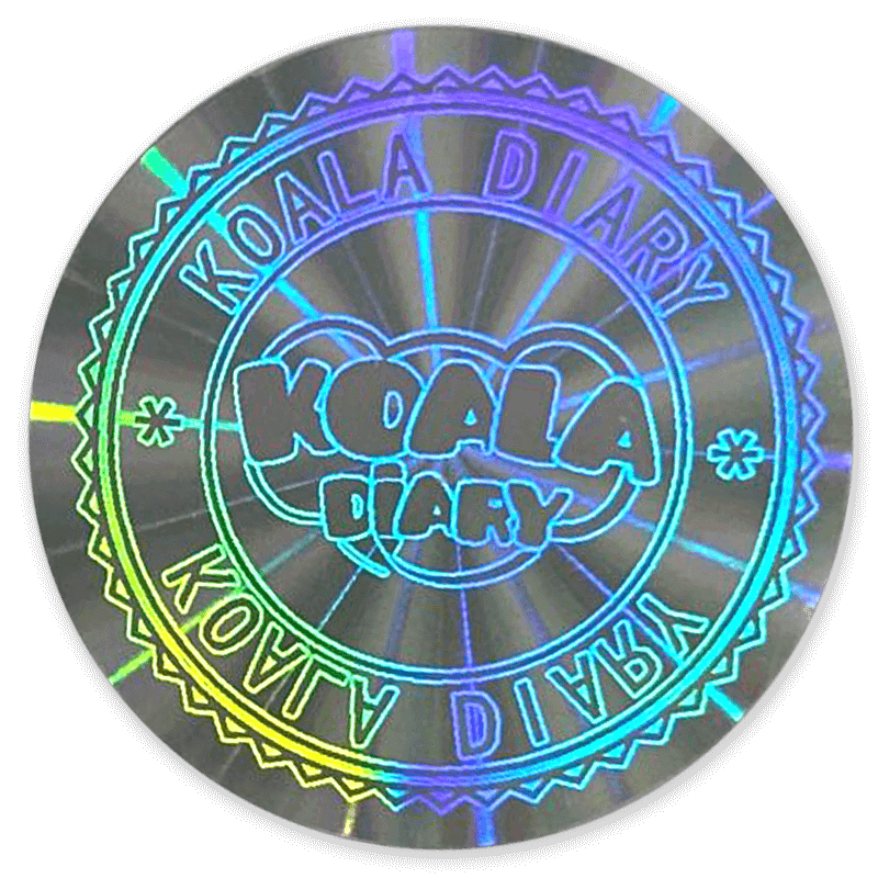 Hologram sticker that says "Koala Diary" as a visual security feature for event badge credentials