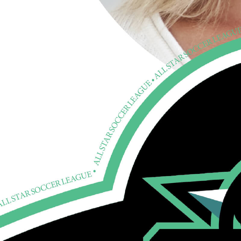 Microtext that reads "All star soccer league" in all caps as a visual security feature for event badge credentials