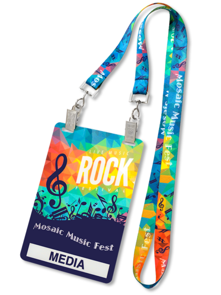 A colorful rock concert themed oversized event badge with a matching dye-subliminated lanyard and two bulldog style clip attachments.