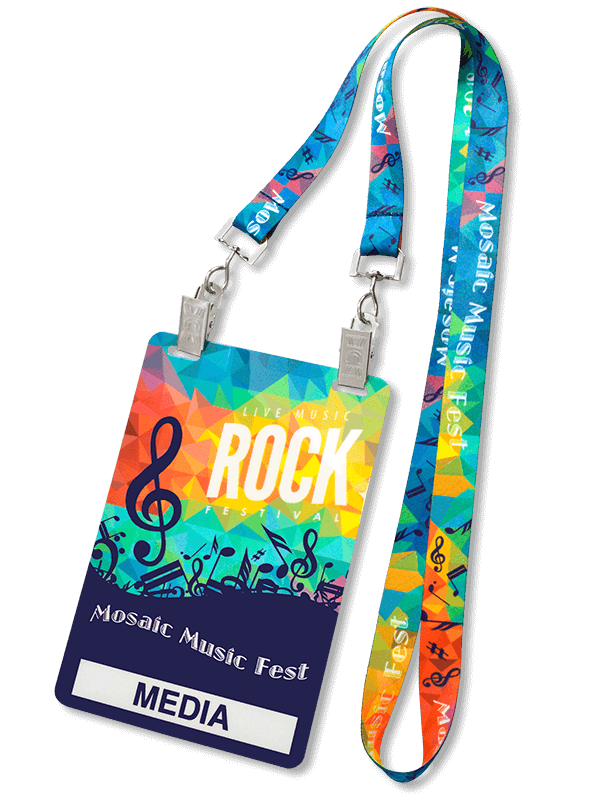 A colorful rock concert themed oversized event badge with a matching dye-subliminated lanyard and two bulldog style clip attachments.