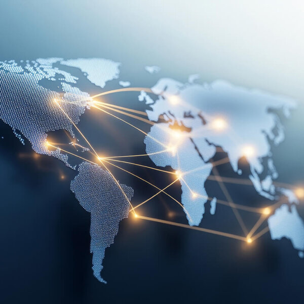 Digital world map with illuminated points and connecting lines indicating global network connections across continents.
