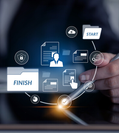 Security icons showing a process from start to finish, overlaying a hand holding a pen