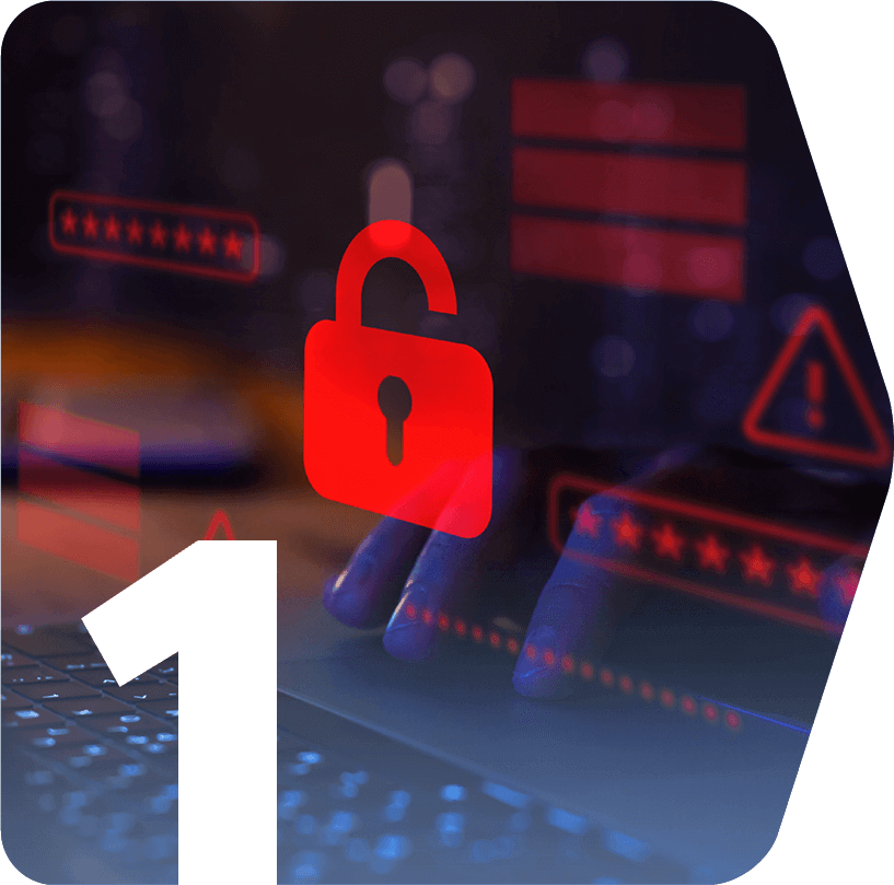 Red lock and warning icons overlaying hand typing on keyboard