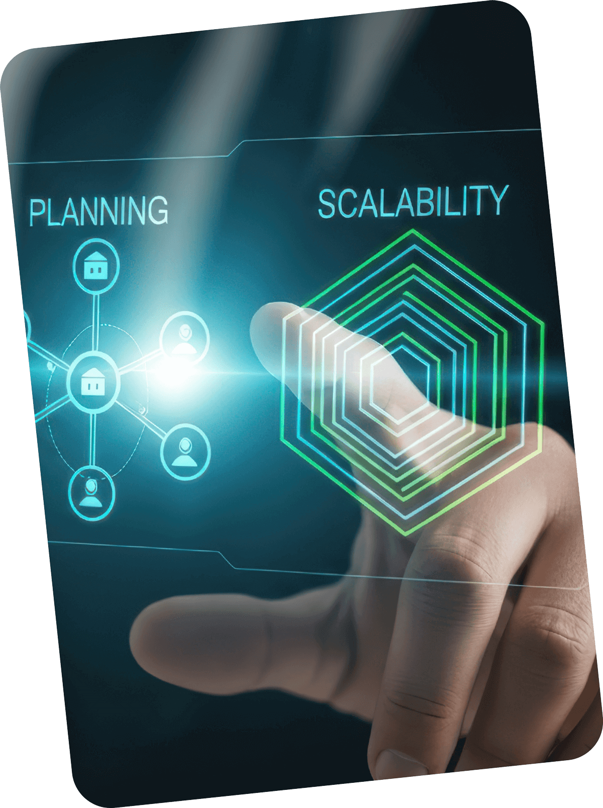 Hand pointing at planning and scalability icons