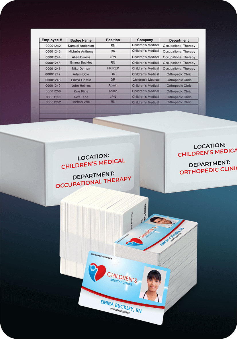 Stack of ID cards, card boxes with location label and spreadsheet with cardholder information