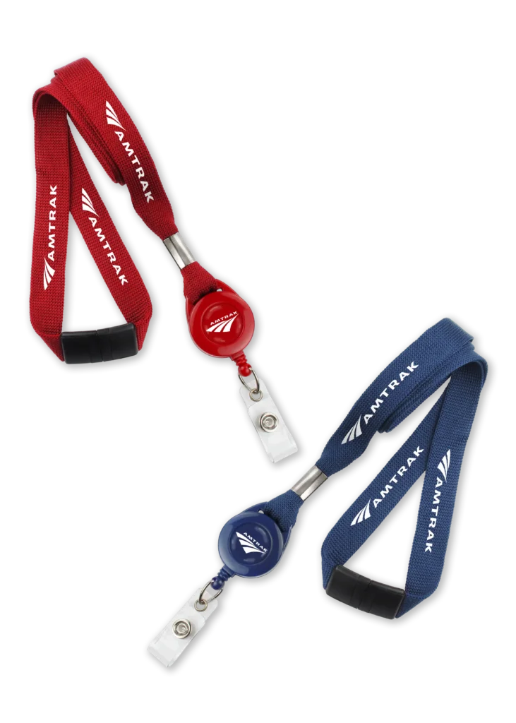 custom branded ID accessories for Amtrak: red and blue lanyard badge reel combos