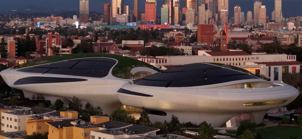 museum with LA skyline behind it
