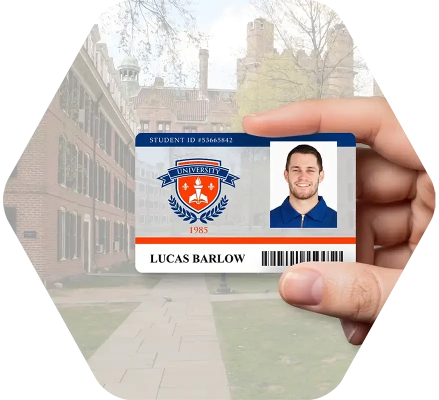A hand holds a higher education / college student ID card