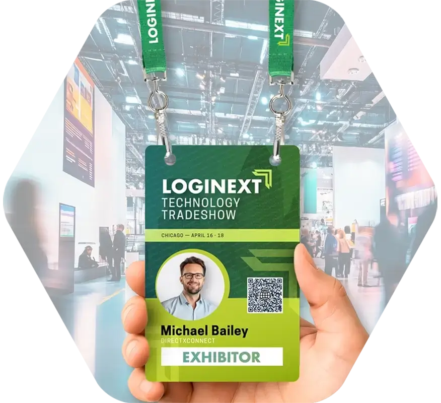 A hand holds an oversized event credential on a branded lanyard