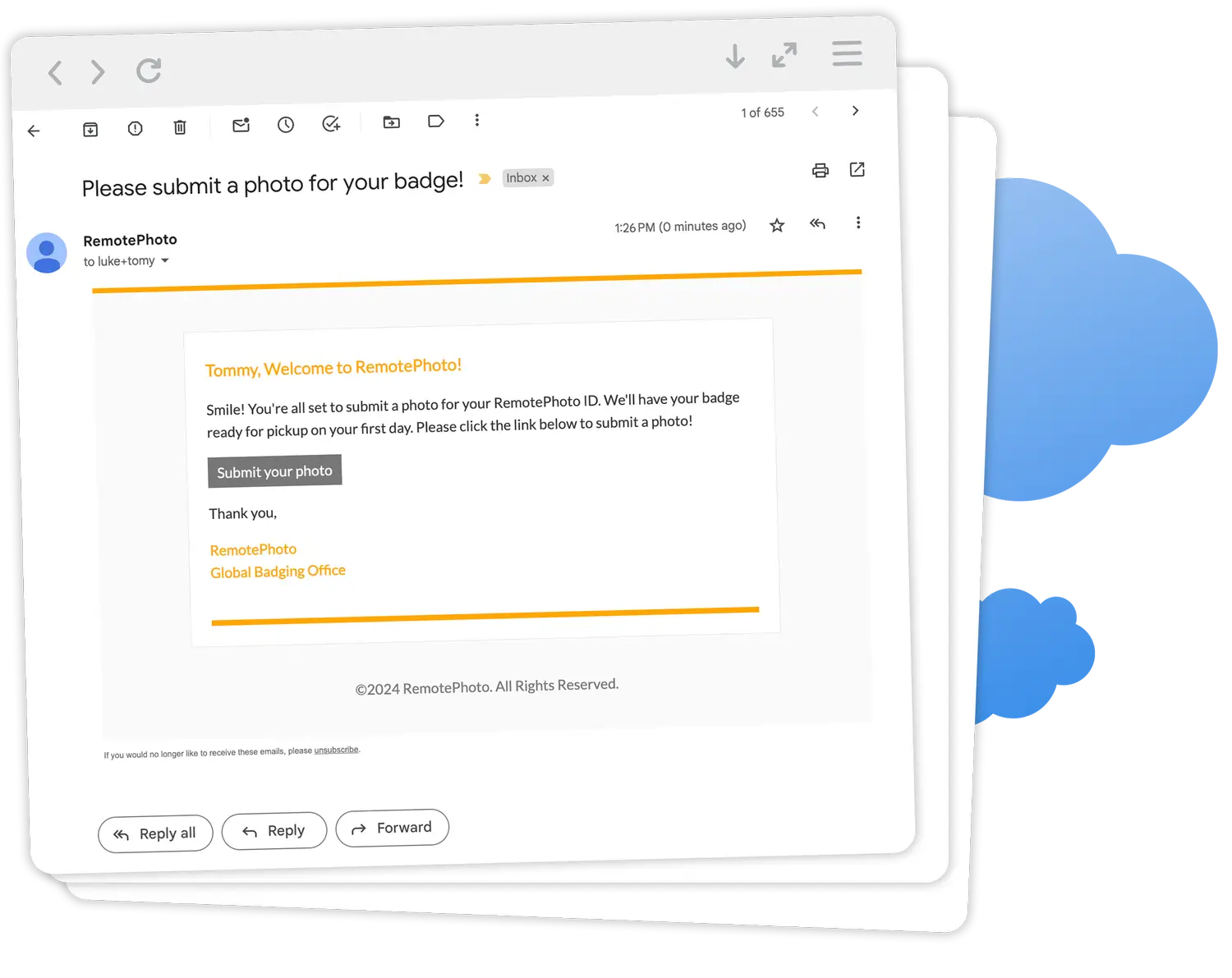 A welcome email from RemotePhoto by Cloudcard automates employee ID photo collection