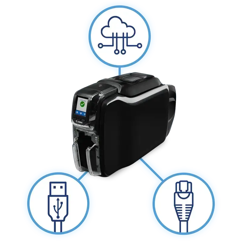 ID Card printers can connect by wifi, ethernet, and/or usb cables